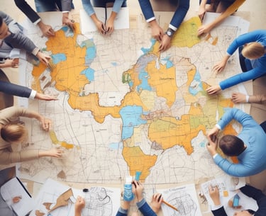 A team collaborating around a table with laptops and coffee, brainstorming ideas.