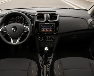 Interior de um Renault Sandero moderno com painel, volante e central multimídia iluminados naturalme