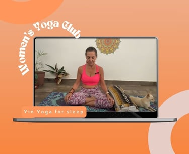 a woman in a pink top and a laptop teaching online yoga on youtube