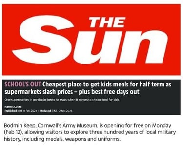 Bodmin Keep mentioned in The Sun article: "Schools Out! Cheapest place to get kids meals for half term