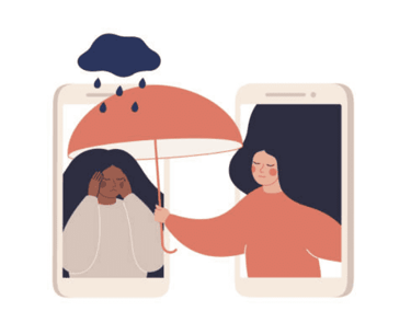 a woman holding an umbrella to another woman between cellphone screens