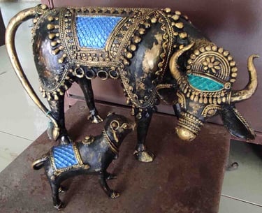"Brass cow and calf sculpture–blue painted tribal design–mother and child home decor-for foreign markets"