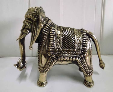 "Brass elephant calf in aggressive stance with carved patterns-for export compliance"