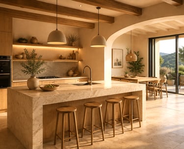 uisine sur mesure en bois avec îlot central, arche méditerranéenne et finitions haut de gamme.