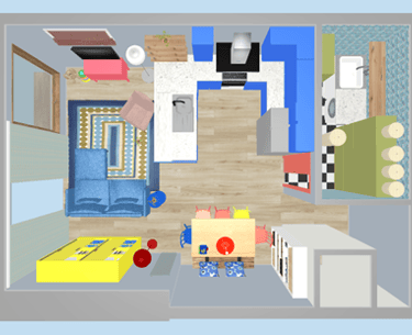 3d floor plan of ground floor open plan with picture window,  utility room, sink facing window