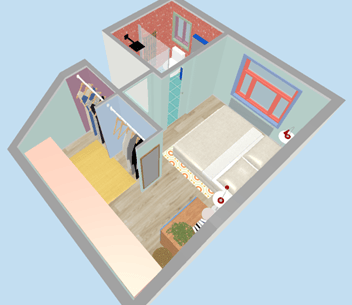 3d view of loft bedroom floor plan with eaves wardrobe and small shower