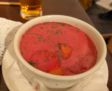 Bowl of pink beetroot soup