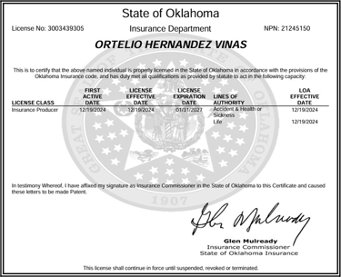 State of Oklahoma Insurance Producer license for Ortelio Hernandez Vinas issued in December 2024.
