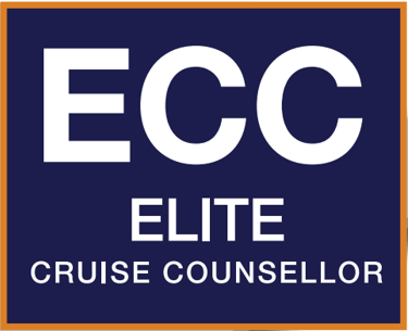 ECC Elite Cruise Counsellor certification logo in white text on a navy blue background.