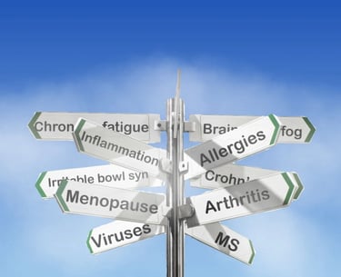 Signpost with arrows pointing to symptoms like chronic fatigue, brain fog, inflammation, allergies, and menopause