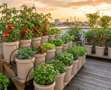 A lush rooftop container garden featuring potted tomatoes, herbs, and vegetables with a drip irrigation system at sunset.
