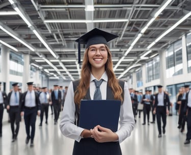 Smiling graduate in a mortarboard cap holding a diploma folder at a university graduation ceremony.