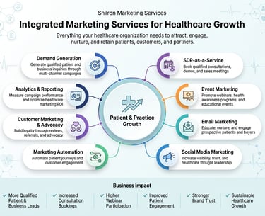 Diagram of integrated healthcare marketing services for patient and practice growth including demand generation.