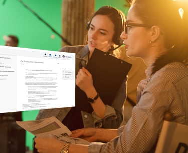 Female Producer on a green screen set with overlayed Stelarator dashboard page showing an AI enabled digital co-pro contract
