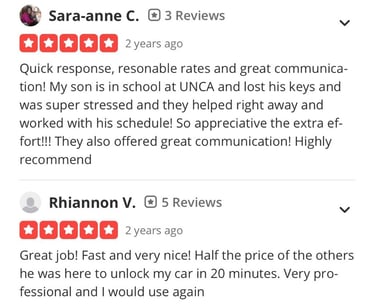 Screenshot of five-star Yelp reviews for Asheville Locksmith Now lockout service in Western NC