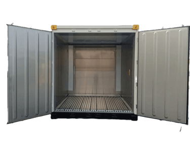 Empty refrigerated shipping container with open doors and a stainless steel T-bar floor.