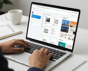 Person working on a laptop designing a webpage or digital marketing layout in a clean workspace