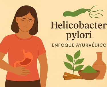 lustración digital en estilo plano que representa el enfoque ayurvédico del tratamiento de la bacteria Helicobacter pylori, c