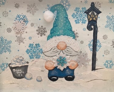Gnome, snowballs, snowflakes acrylic art