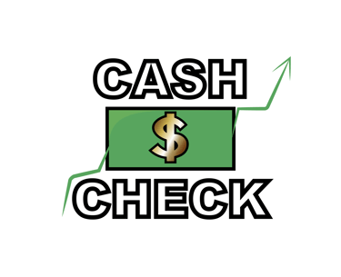 Cash Check Logo: Schwarzer Schriftzug 'CASH CHECK' mit einem grünen Geldschein in der Mitte.