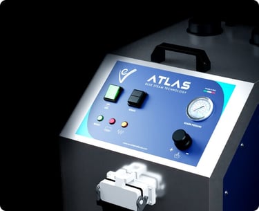 Profesjonalna stacja parowa EV Atlas dla biznesu. System czyszczenia i dezynfekcji suchą parą dla hoteli i autodetailingu.