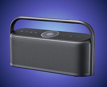 Soundcore Bluetooth wireless earbuds and portable speaker in sleek black design.