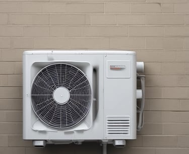 Unidad exterior blanca de aire acondicionado HVAC para climatización del hogar.