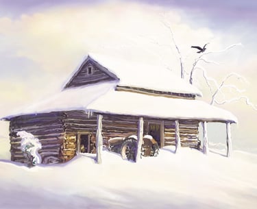 Snow on barn, tractor under barn