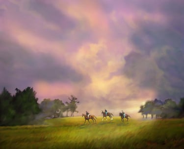 riders in the storm, horses, oil painting