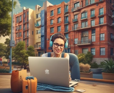 a woman sitting on a suitcase with a laptop and headphones