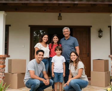 A happy Colombian family standing in front of their new home with a welcoming smile.