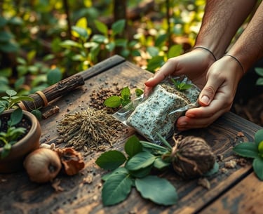 person with sm plastic bag with herbs, forest background