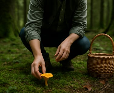 Person foraging chanterelle mushroom into basket in mossy forest during wilderness food gathering