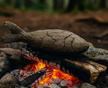 Whole fish wrapped in clay and baked over campfire for wilderness bushcraft cooking
