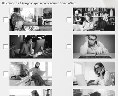 A black and white captcha grid asking to select two images representing a home office setup.