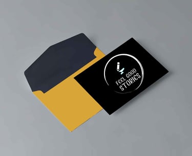 white logo of feel good stories