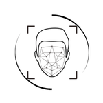 Biometric facial recognition icon showing a digital face scan for identity verification and security.