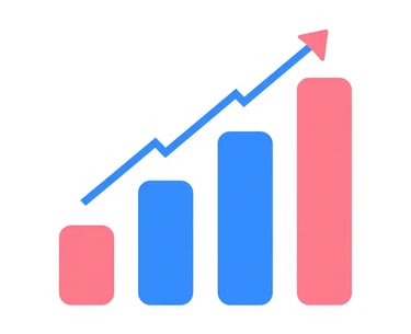 Business bar chart icon showing upward growth with a blue trend line and arrow.