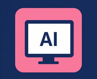A pink square icon featuring a computer monitor with the text AI for artificial intelligence software.