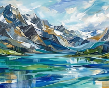 Abstract oil painting of a blue mountain lake with snow-capped peaks and vibrant brushstrokes.