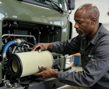 Technician replacing heavy duty air filter in a commercial truck engine