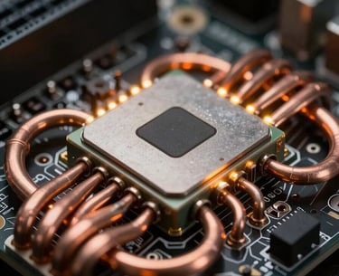 Macro close-up of an ASIC mining board, copper heat pipes reflecting low-key amber LED indicator lights, dark industrial aesthetic, high-contrast framing.