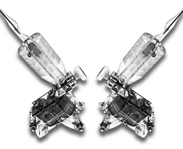 Two chrome professional coil tattoo machines mirrored against a black background.