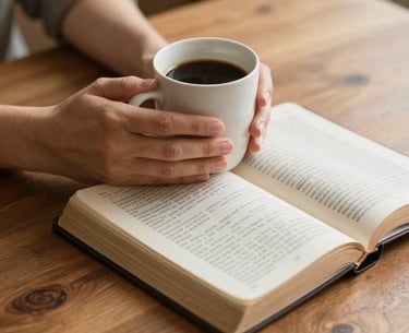 Close-up of hands holding a warm coffee mug and an open King James Bible on a wooden table, with handwritten notes visible, bathed in soft domestic lamplight.