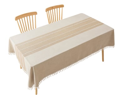 waterproof stainproff table color with light brown line down the middle and tassels on edges