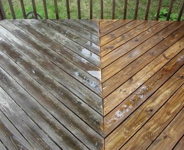 Before and after pressure washing a dirty wood deck
