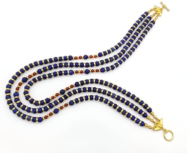 Egyptian Revival Necklace. Nefertari Lotus Triple Strand Necklace Lapis Lazuli Carnelian