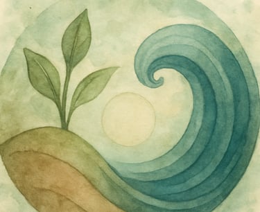 Illustration of the three Ayurvedic doshas — Vata, Pitta and Kapha — with elemental symbols