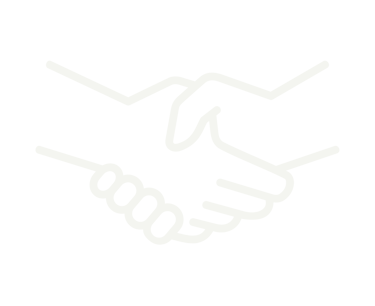A minimalist white line art icon of a firm handshake on a black background representing business partnership.
