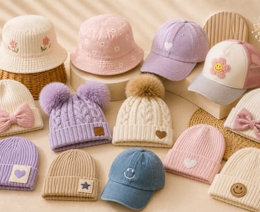 A collection of colorful children's winter hats including corduroy bucket hats, knit beanies with pom poms, and baseball